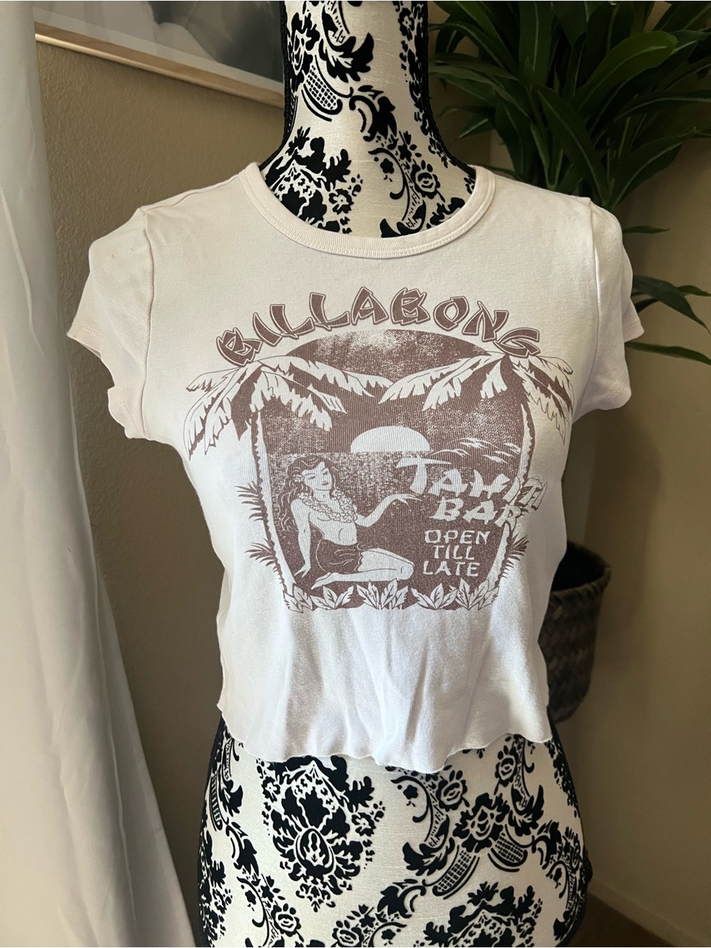Billabong White Crop Tee with Taupe Graphic